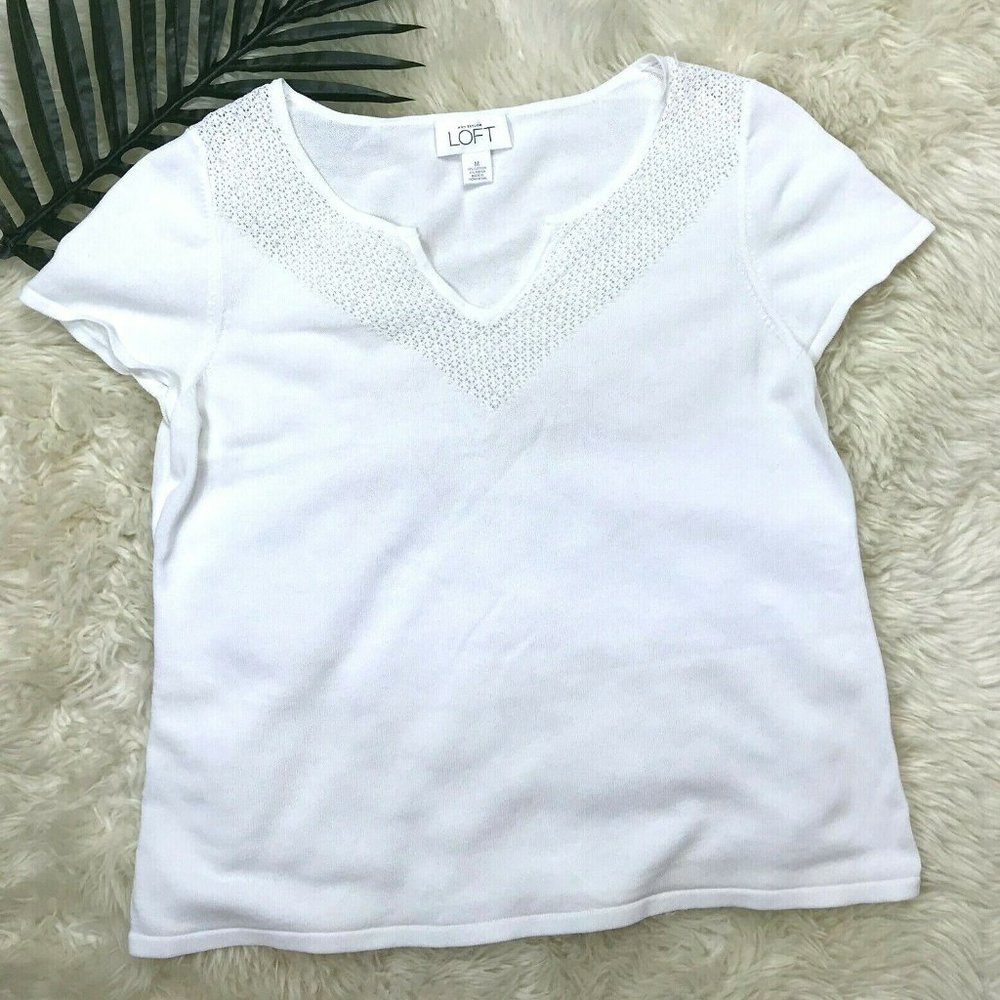 Ann Taylor Loft Beaded Collar Short Sleeve Top